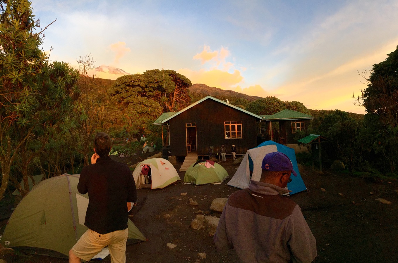 Machame Camp at sunset with view at Kibo