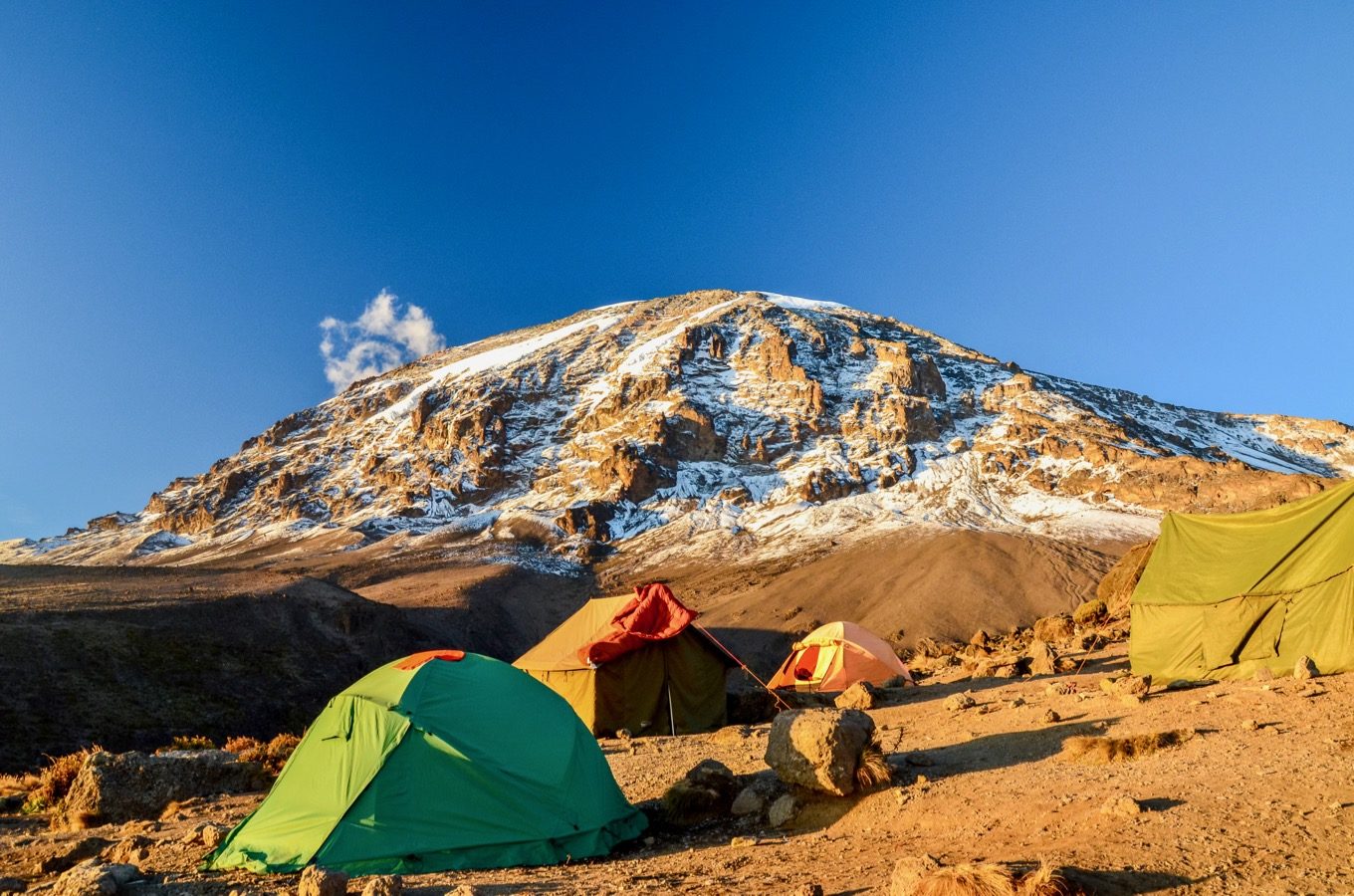 View of Kilimanjaro from a camp with tents