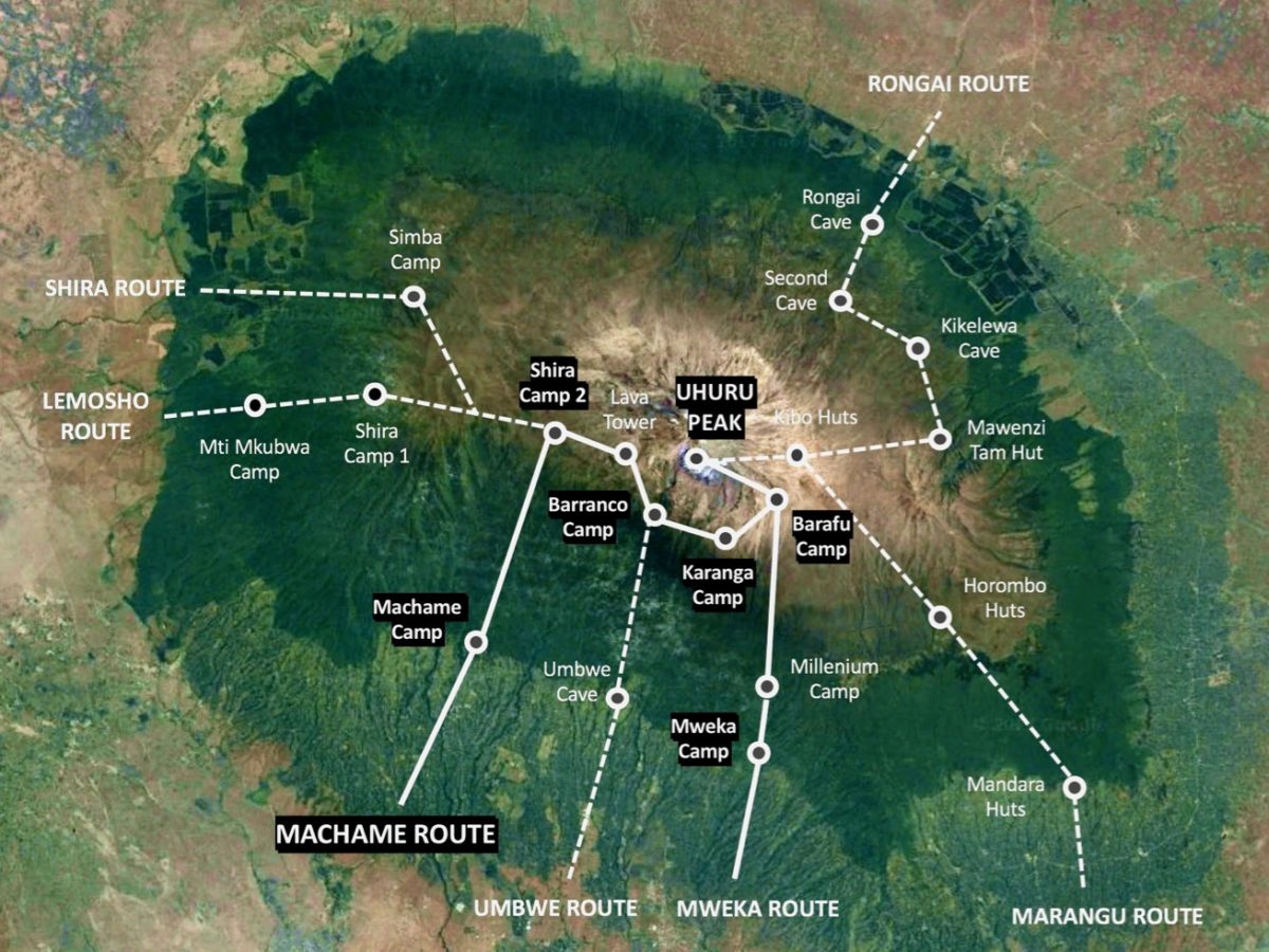 Map of the walking route of the Machame Route