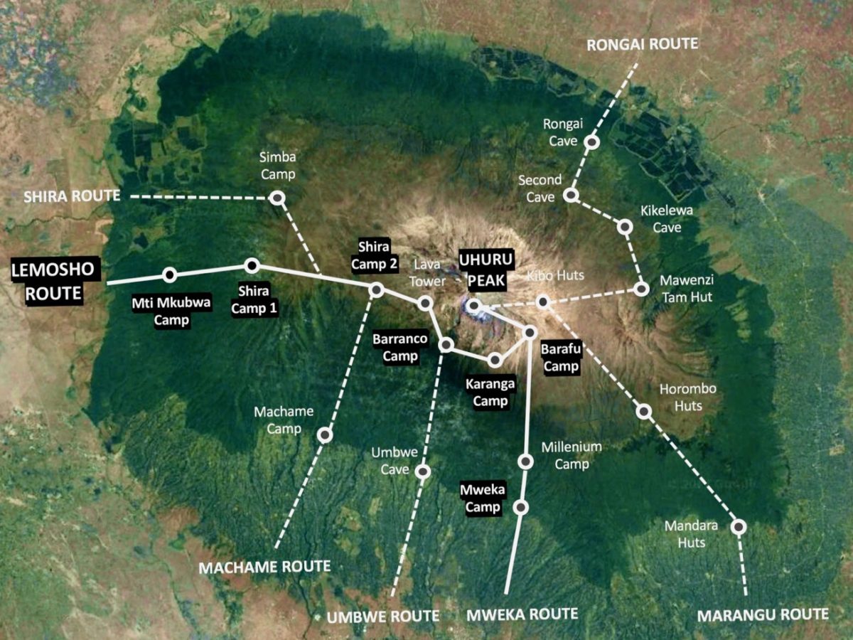 Carte de l'itinéraire de randonnée de la Route Lemosho