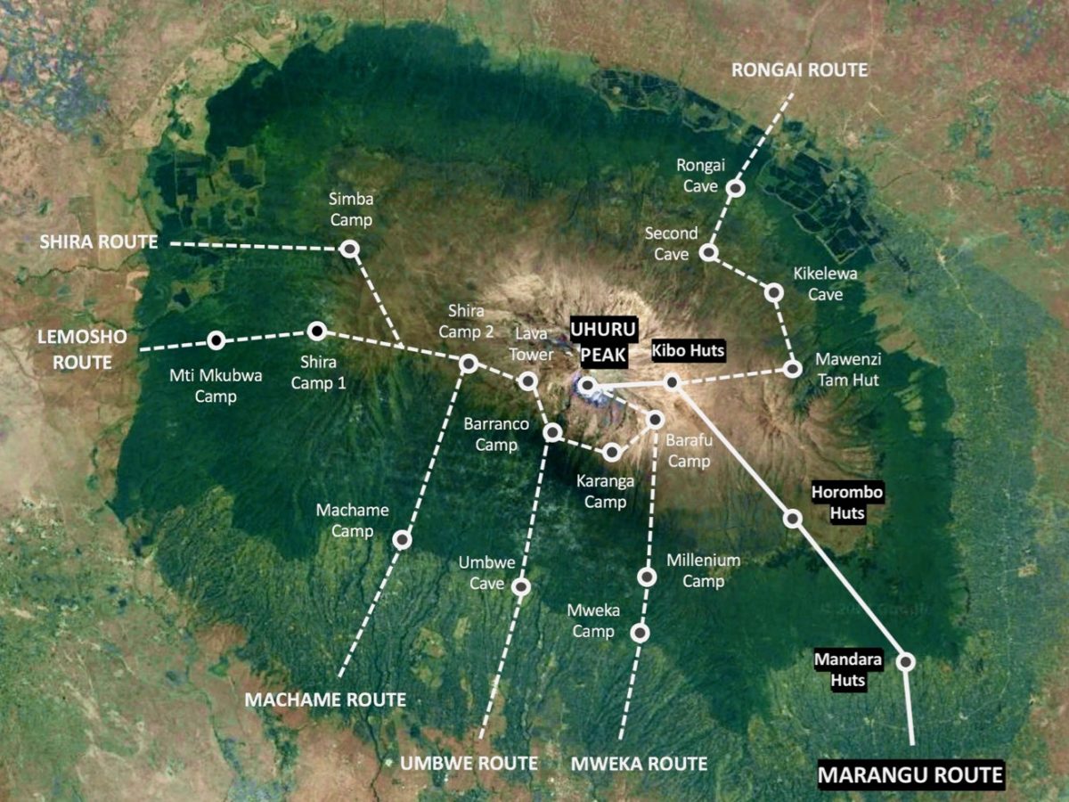 Carte de l'itinéraire de randonnée de la Route Lemosho