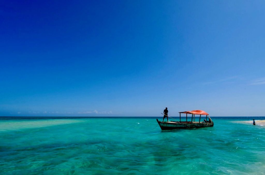 Boat in the sea in front of the Ushongo Beach in Pangani